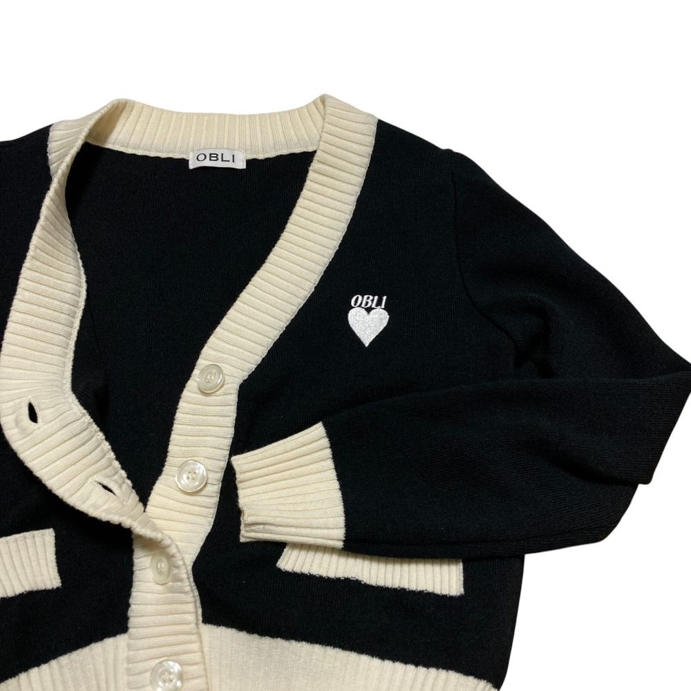 美品 OBLI オブリ ハート刺繍 バイカラー ニット カーディガン ブラック ホワイト レディース 古着 中古 USED 美品 OBLI オブリ ハート刺繍 バイカラー ニット カーディガン
