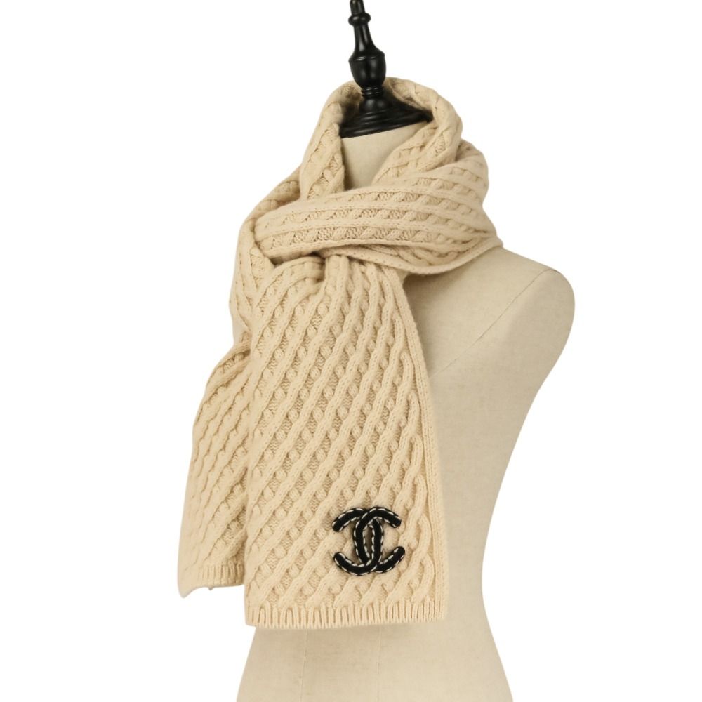 美品 CHANEL シャネル ココマーク カシミヤ ケーブルニット マフラー ベージュ レディース 古着 中古 USED CHANEL - 美品 CHANEL シャネル ココマーク カシミヤ ケーブルニット