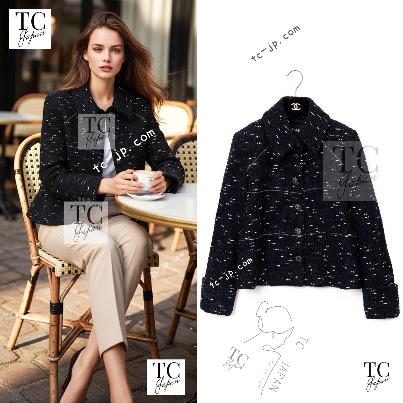 シャネル CHANEL ツイードジャケット カールラガーフェルド ココマーク シャネル ジャケット CHANEL ブラック ホワイト ツイード ココボタン