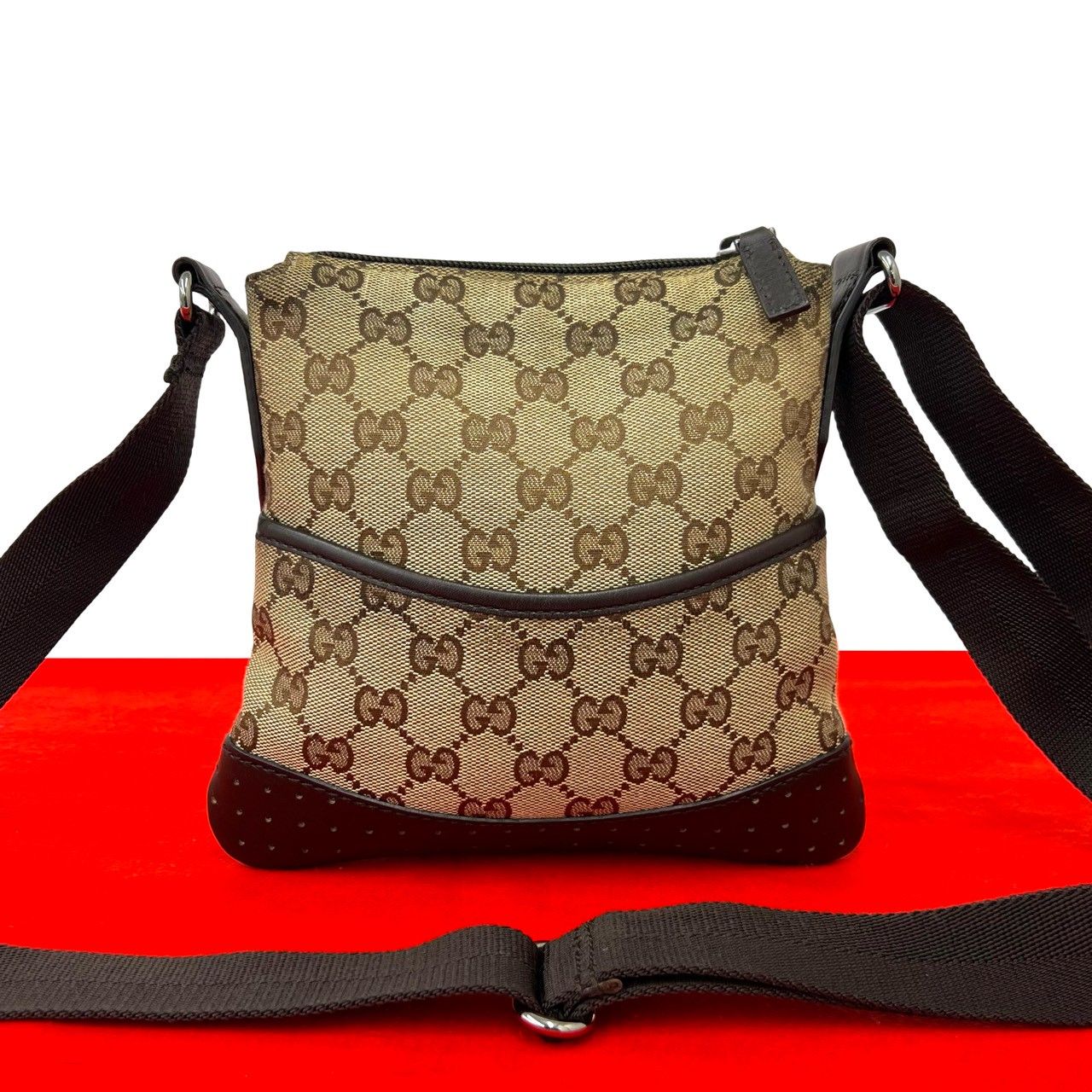 極 美品 希少品 GUCCI グッチ GG モノグラム キャンバス レザー 本革 ショルダーバッグ ポシェット サコッシュ ベージュ ボルドー 03674 GUCCI - 極 美品 希少品 GUCCI グッチ GG モノグラム キャンバス