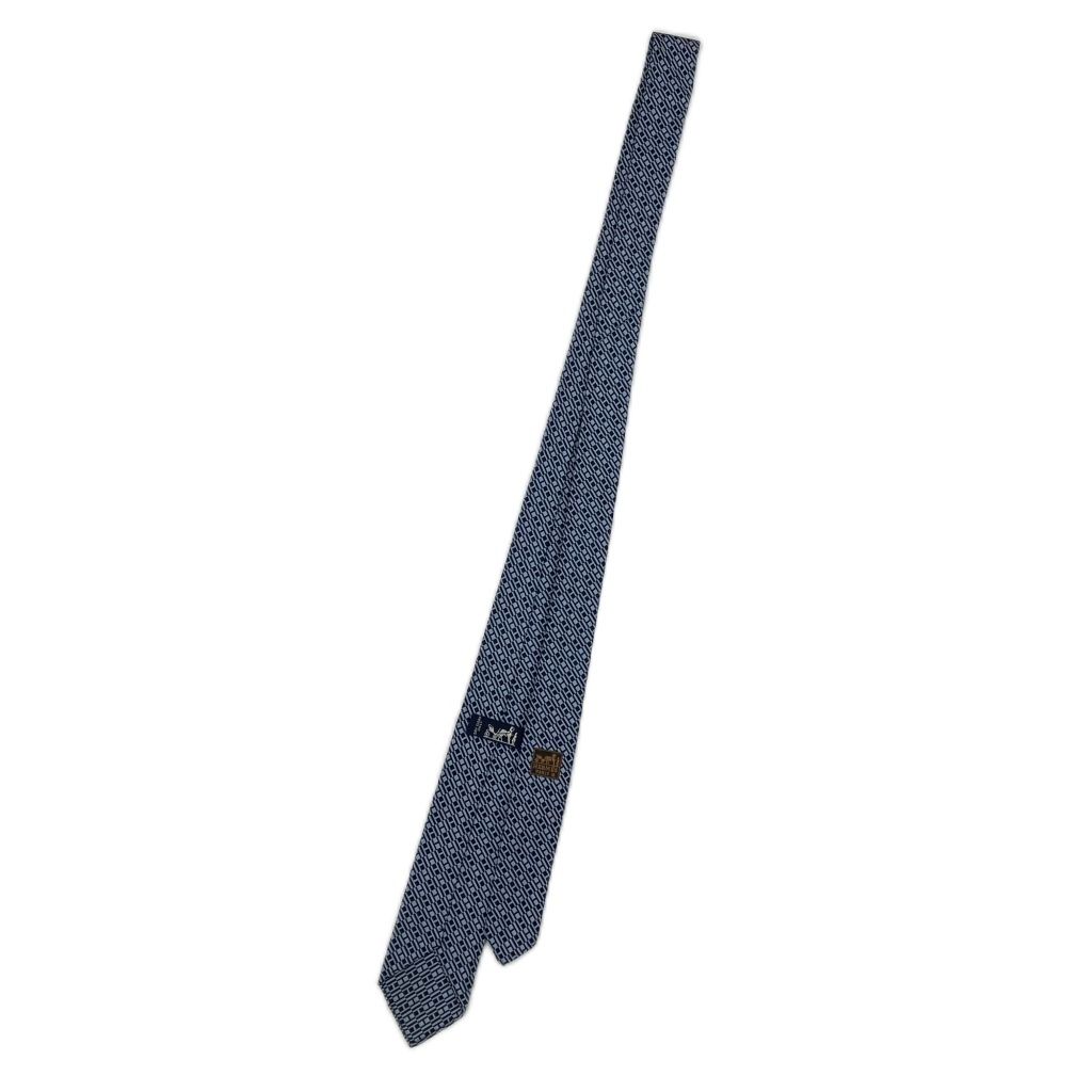 エルメス HERMES ネクタイ 絹 シルク ナロータイ 総柄 ロゴ 青 ブルー