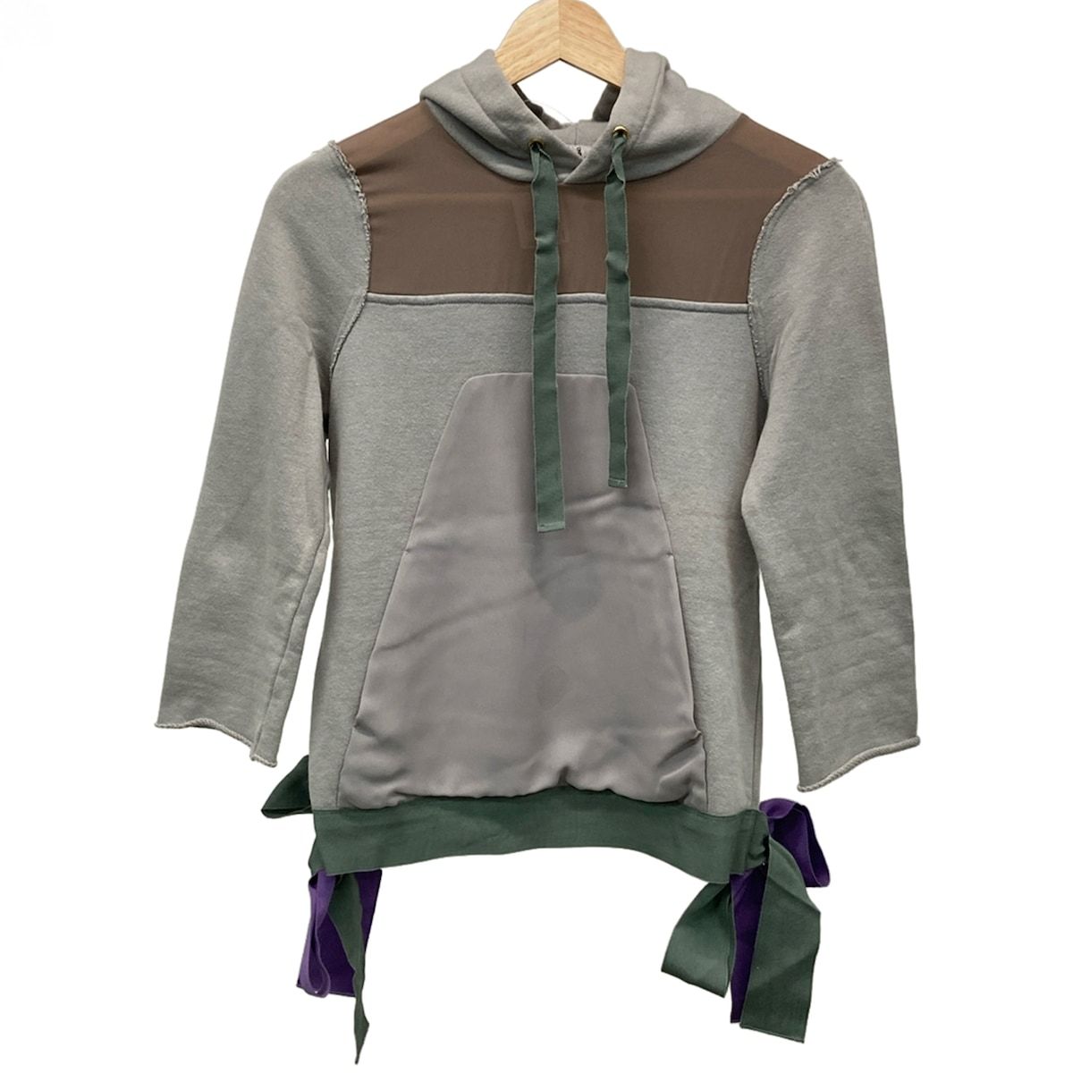 UNDER COVER(アンダーカバー) パーカー サイズ1 S レディース - グレー×ブラウン×マルチ 七分袖/リボン/ダメージ加工 UNDER COVER(アンダーカバー) パーカー サイズ1 S レディース - グレー