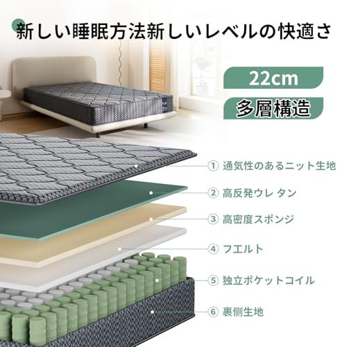 マットレス ダブル 極厚22CM ベッドマットレス 高反発 ポケットコイル 
