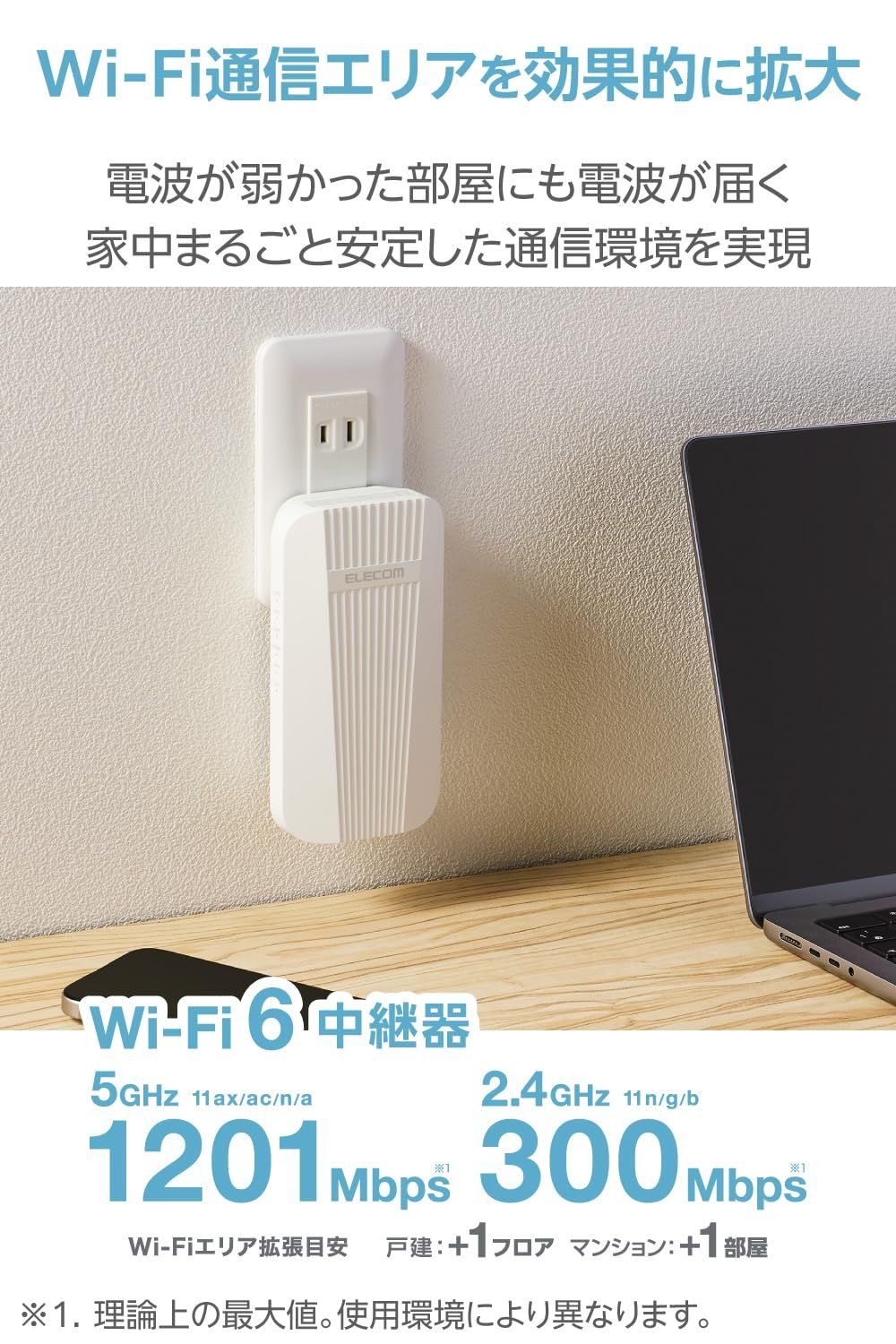 新品 エレコム WiFi 無線LAN 中継器 Wi-Fi6 11ax 1201＋300Mbps 