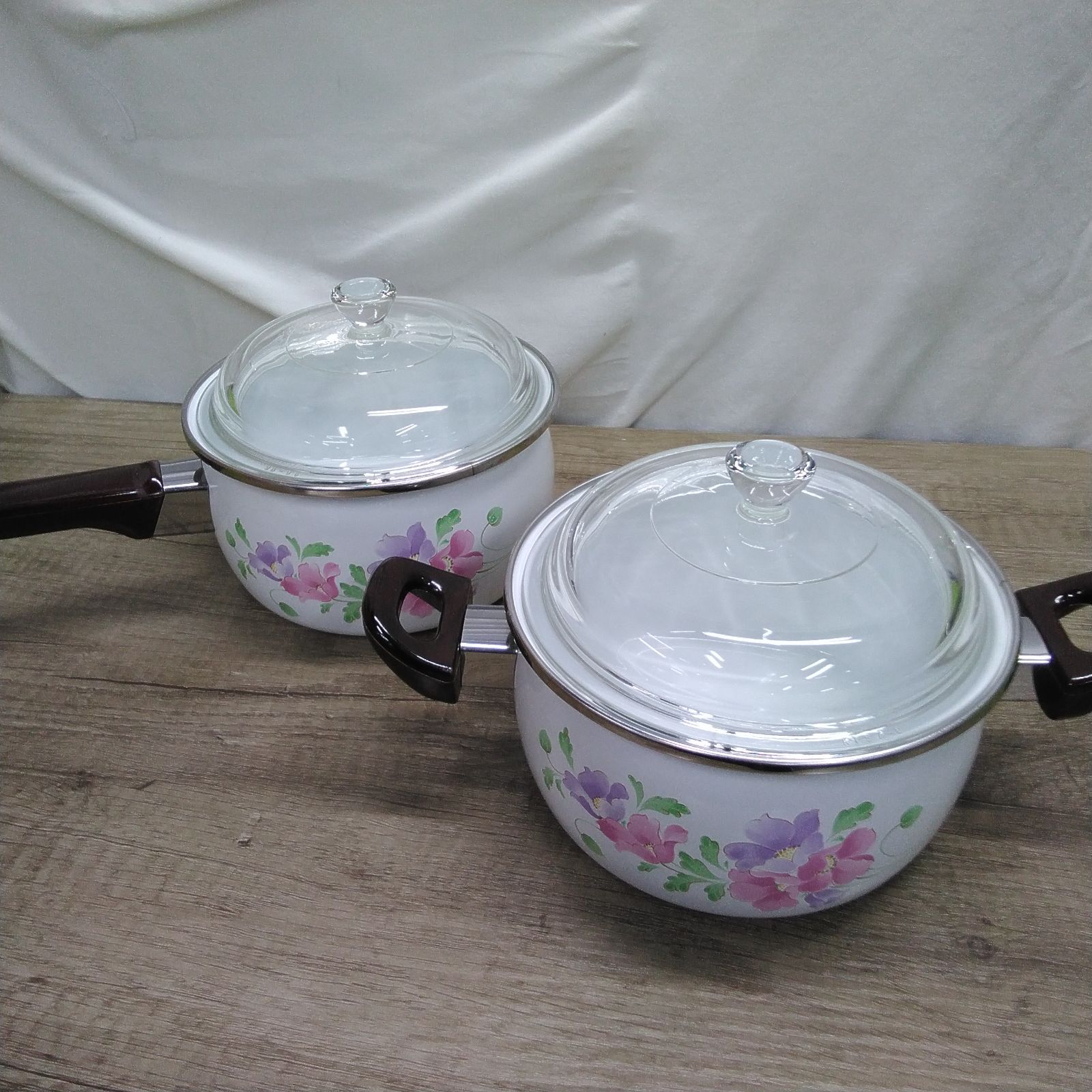 昭和レトロ 調理器具 ホーロー製 ミニ鍋セットガラスふた 両手鍋＆片手 