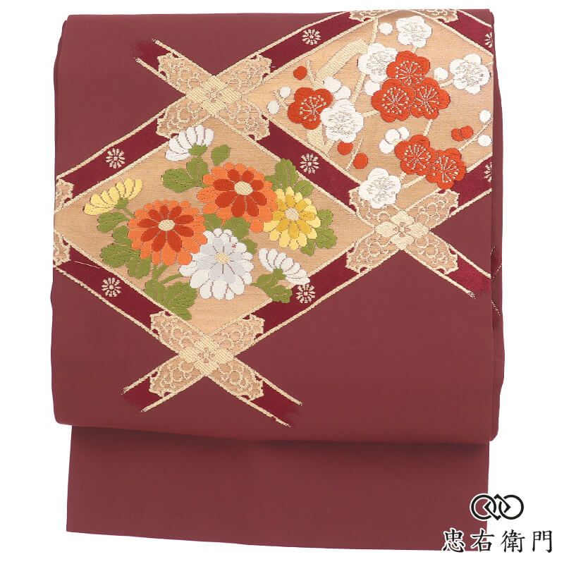 逸品!絹 名古屋帯☆縮緬 ホタルブクロ お太鼓柄 九寸帯 名古屋帯 黒 九