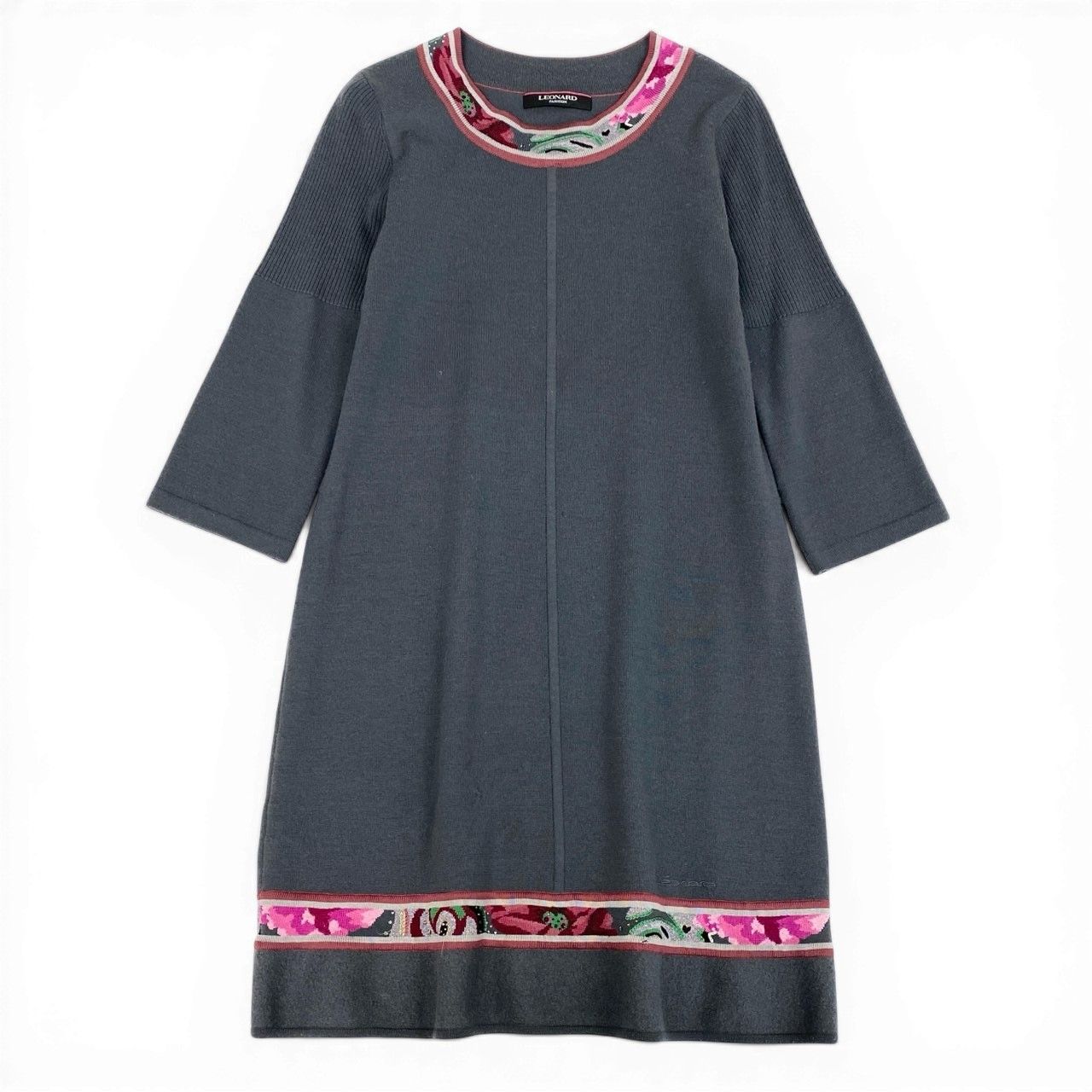 63d13 LEONARD FASHION レオナール 七分袖 ニットワンピース 膝丈 