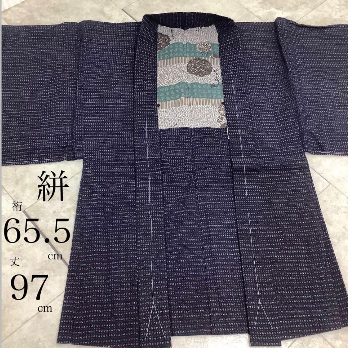 kimono+one＊男前屋＊未使用同然＊本場久留米絣＊仕付け糸付き＊書生絣＊本藍染手織り木綿＊男長羽織＊裄65.5肩丈97＊書生絣雪ん子絣蚊絣男着物男長羽織男襦袢男袴角帯男帯＊書生絣蚊絣雪ん子絣あられ絣＊