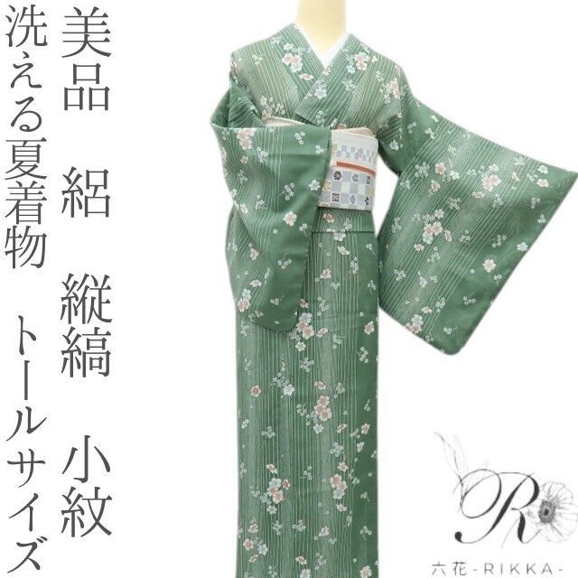 六花-RIKKA- 美品 洗える夏着物 絽 縦縞 トールサイズ❀粋な竹縞×桜の夏❀小紋 着物 A5087 7,110円