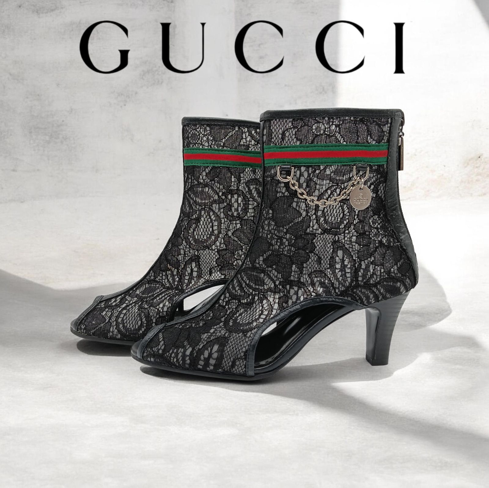 希少　GUCCI　グッチ　レースブーツ　オープントゥ　ショートブーツ　37　24cm　サマーブーツ　ブラック　シェリーライン