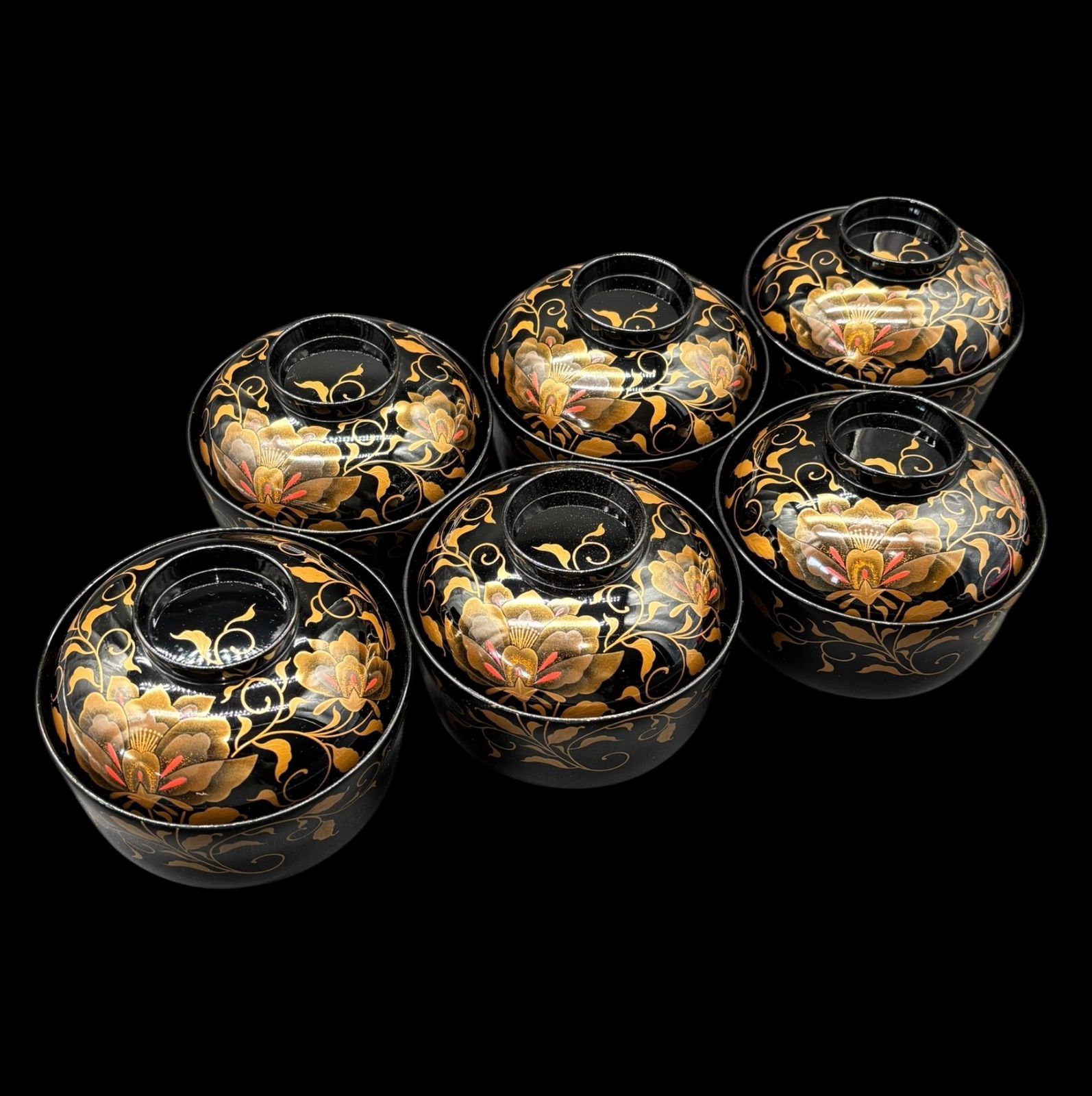 6客セット】 明治期 金蒔絵 輪島塗 吸物椀 牡丹 御汁椀 漆器 塗物 煮物 