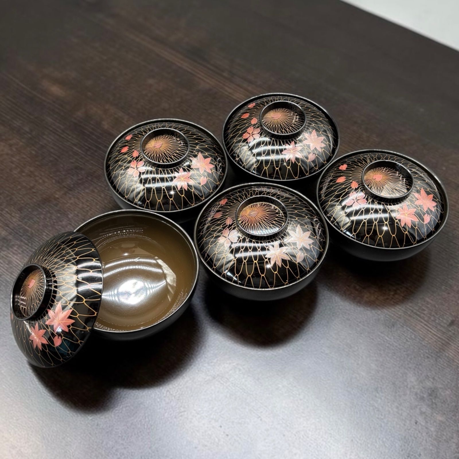 5客セット】 明治期 蒔絵 朱塗り 吸物椀 茶 桜 紅葉 御汁椀 漆器 塗物 