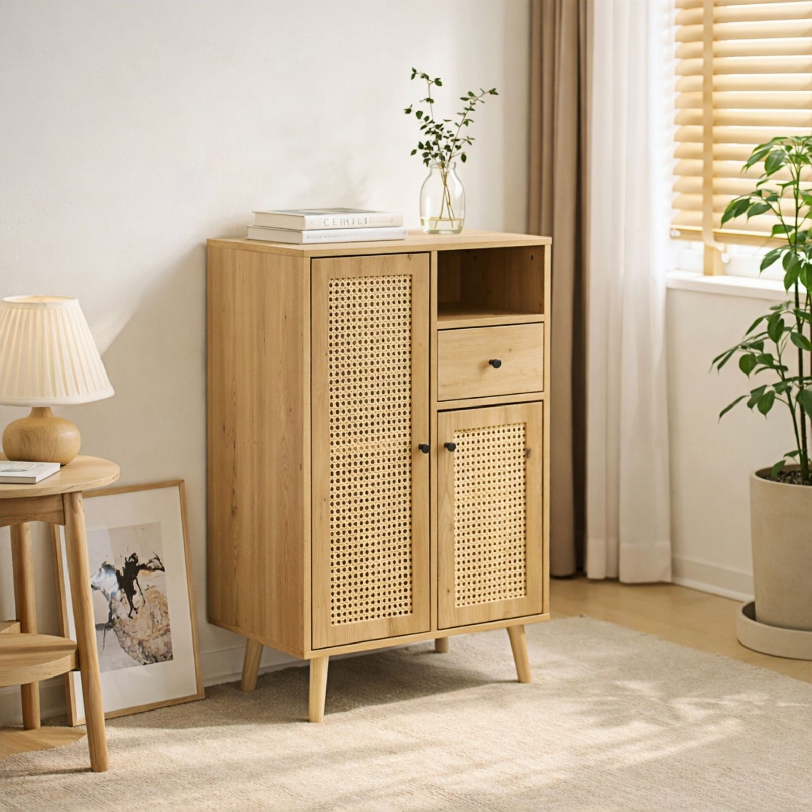【限定価格】ラタン調キャビネット 幅60cm 収納 扉付 北欧風　NATURAL 限定価格】ラタン調キャビネット 幅60cm 収納 扉付 北欧風 NATURAL
