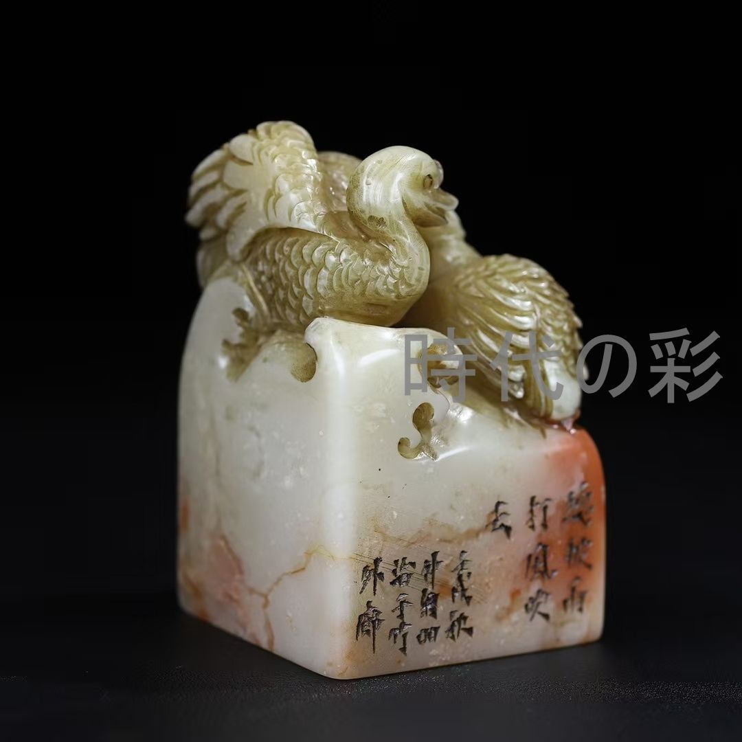 中国古美術 旧蔵 寿山石【荷塘秋色印章】薄意彫刻 細密石彫 文房具