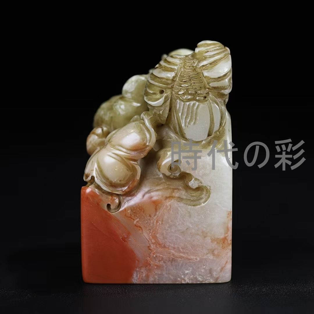 中国古美術 旧蔵 寿山石【荷塘秋色印章】薄意彫刻 細密石彫 文房具