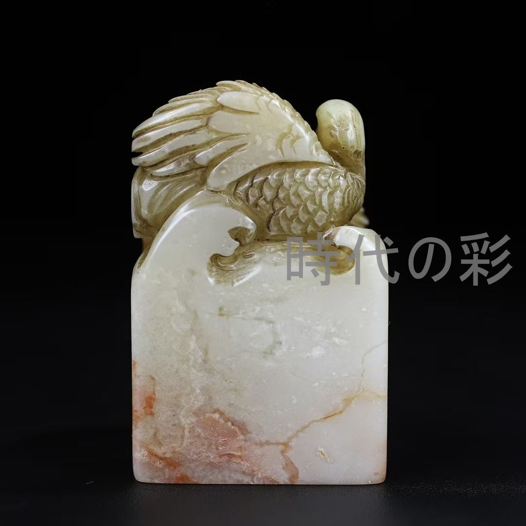 中国古美術 旧蔵 寿山石【荷塘秋色印章】薄意彫刻 細密石彫 文房具