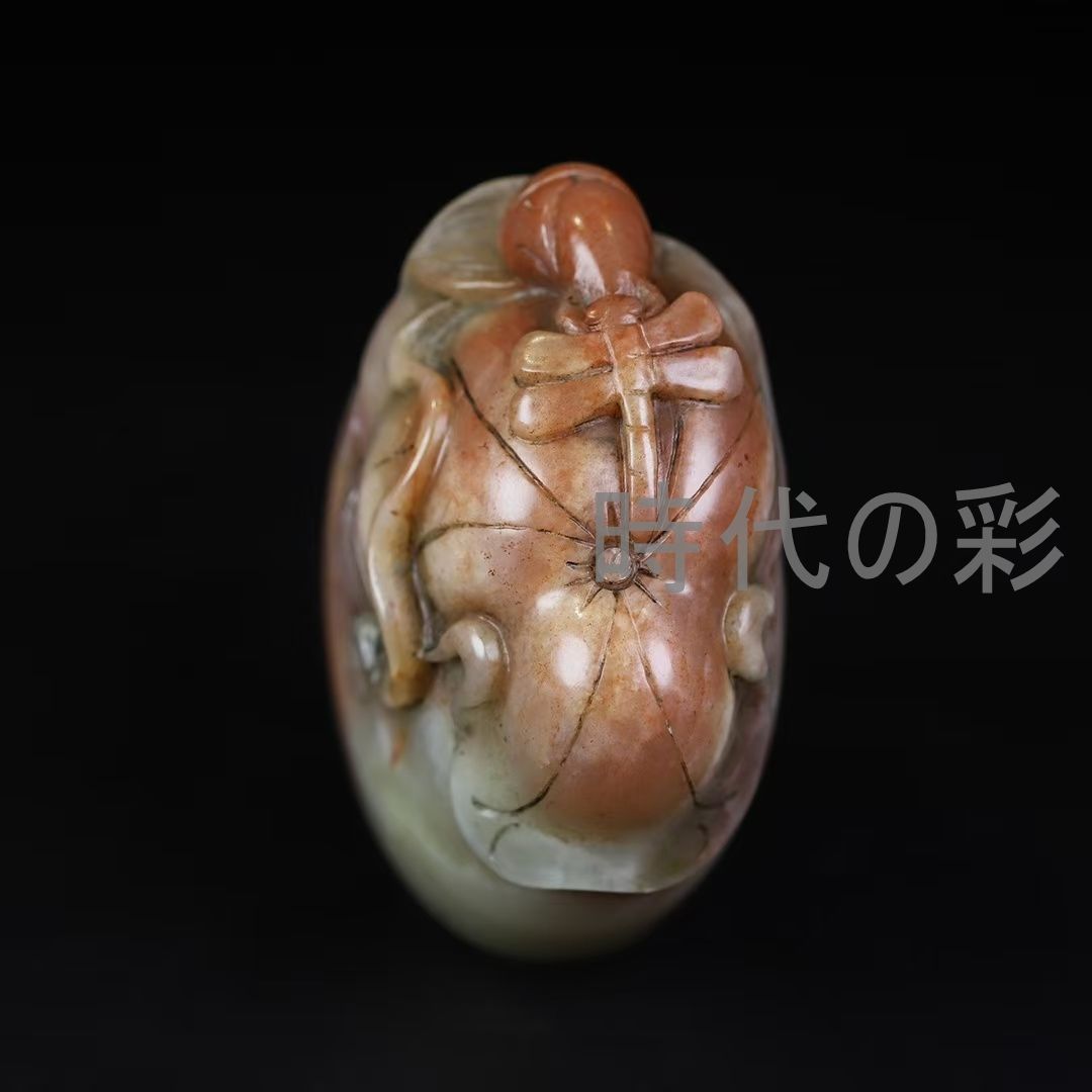 中国古美術 旧蔵 寿山芙蓉石【荷塘秋色楕円印章】薄意彫刻 書道 印材