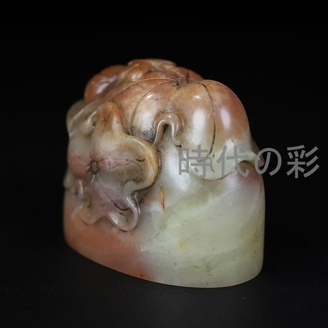 中国古美術 旧蔵 寿山芙蓉石【荷塘秋色楕円印章】薄意彫刻 書道 印材