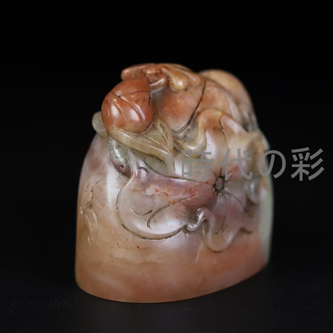 中国古美術 旧蔵 寿山芙蓉石【荷塘秋色楕円印章】薄意彫刻 書道 印材