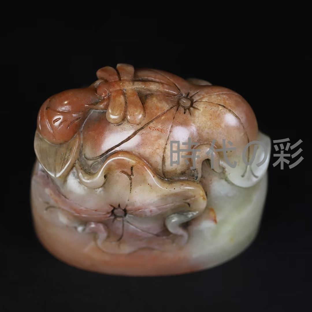 中国古美術 旧蔵 寿山芙蓉石【荷塘秋色楕円印章】薄意彫刻 書道 印材