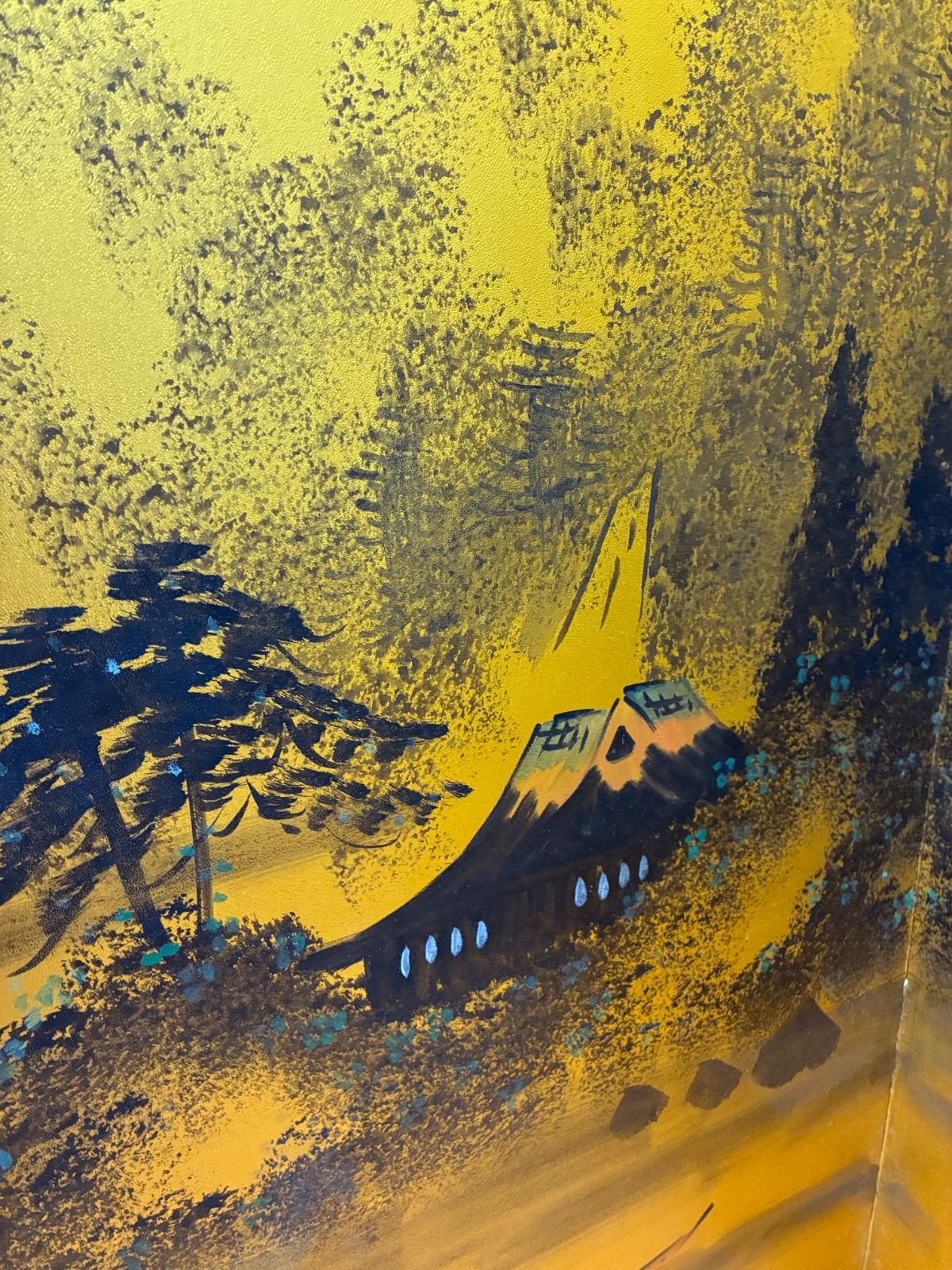 美品】金屏风 六曲一双 伝統山水人物画 「秋山」銘 落款有 縁起物 骨董