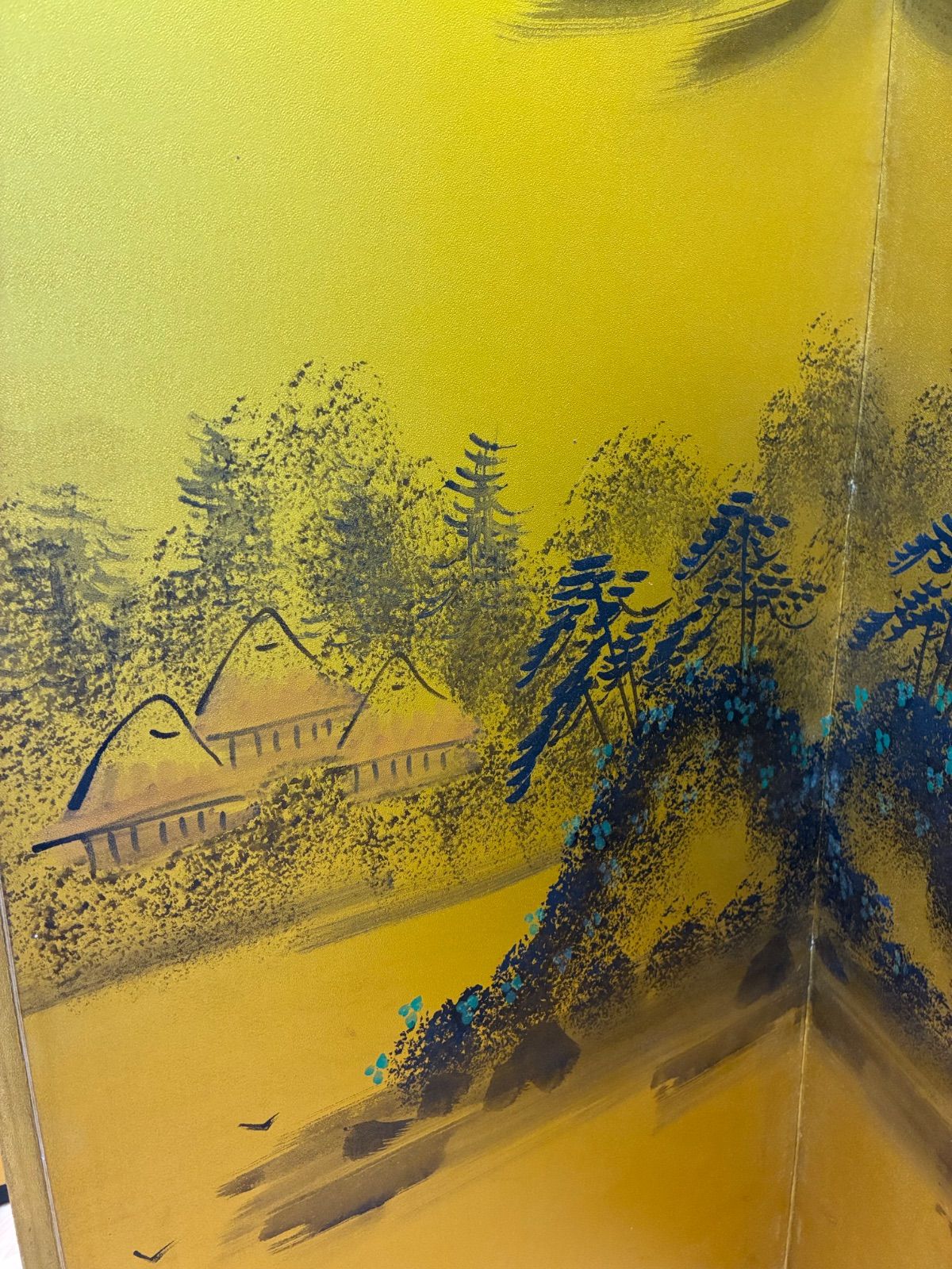 美品】金屏风 六曲一双 伝統山水人物画 「秋山」銘 落款有 縁起物 骨董