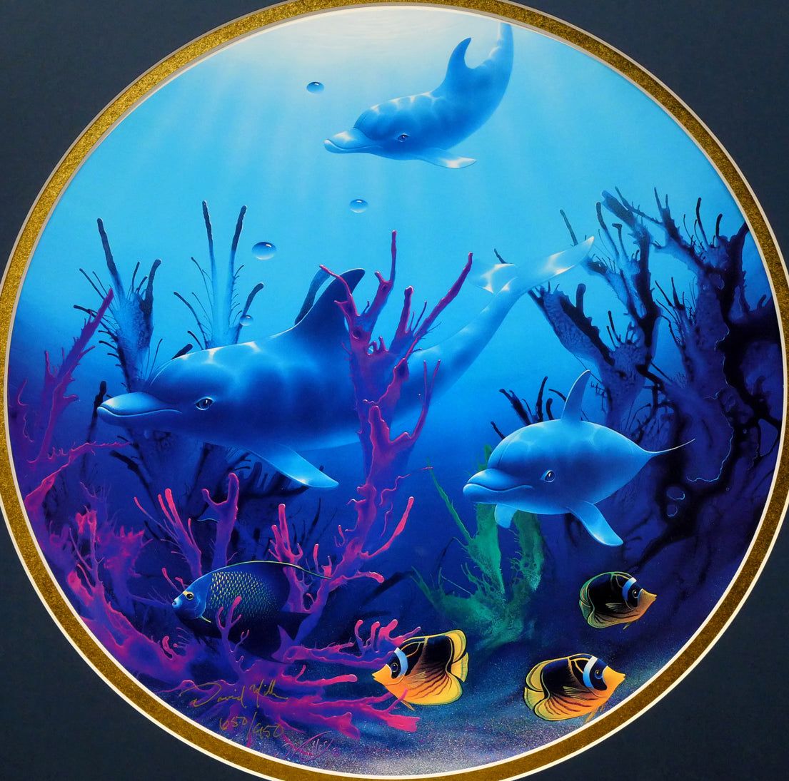 デビット・ミラー「クリスタルブルー」イルカ 絵画 額装品 313/675 デビット ミラー（David Miller）「ヘブンリーウォーター」ミクスド