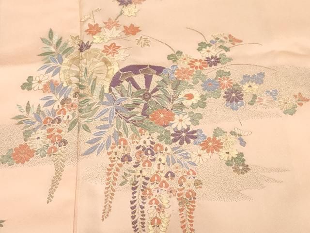 平和屋着物■豪華色留袖　寿光織　源氏車草花文　金糸　正絹　逸品　CABF4351ev 平和屋着物□豪華色留袖 寿光織 源氏車草花文 金糸 正絹 逸品