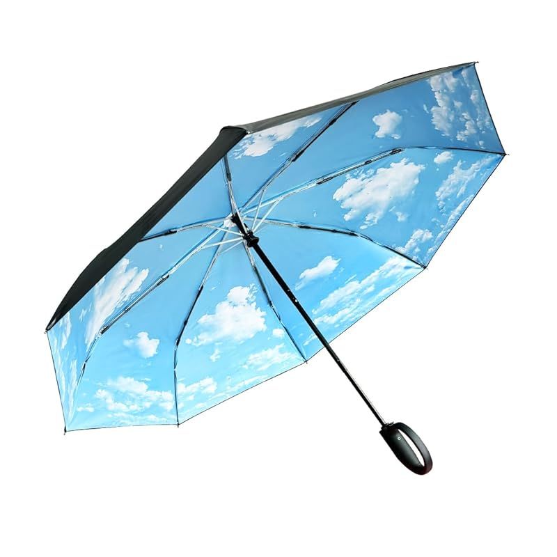 【新品】 日傘 晴雨兼用 折り畳み傘 メンズ 折りたたみ傘 ワンタッチ 自動開閉 超撥水 高密度 折り畳み傘 大きい 風に強い 耐風 より開け閉めしやすい カラビナ型 丈夫 耐久 台風豪雨対応 メンズ レディース (青空) 0