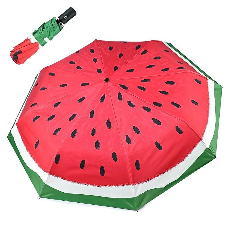 【新品】 スイカ 日傘 折りたたみ傘 ワンタッチは、晴れの日にも雨の日にも最適です 日よけ、雨よけ、紫外線カット機能を備えています 8本骨で防水・防風性も備え 軽量で持ち運びにも便利です 1