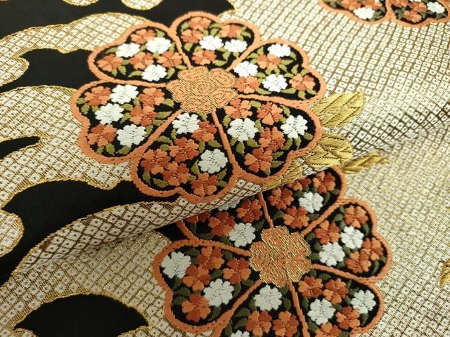 平和屋着物●西陣　老舗　渡文謹製　手織　両面　太鼓柄袋帯　すくい織　休み鳥葡萄蔦の葉文　金糸　正絹　逸品　CABD5791hy 平和屋着物○西陣 老舗 渡文謹製 手織 両面 太鼓柄袋帯 すくい織 休み