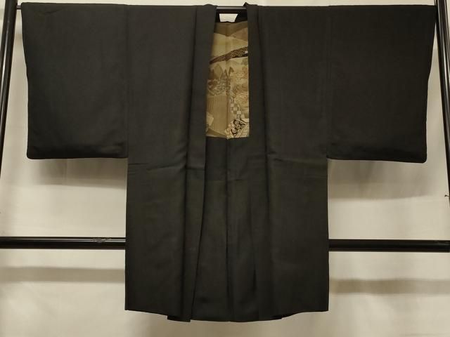 平和屋着物＃男性　長羽織　紬地　黒地　正絹　逸品　CABF1213in