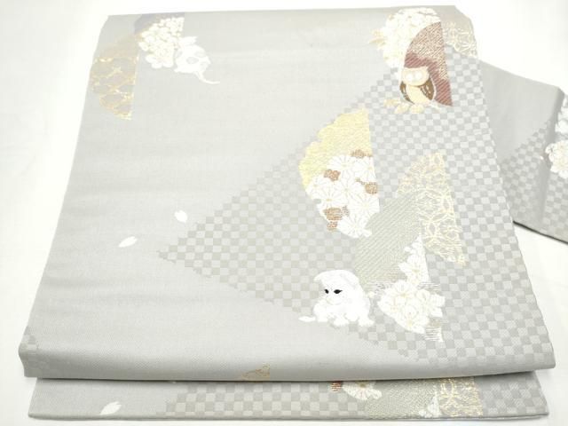 平和屋着物●九寸名古屋帯　猫　犬　みみずく　雪輪花文　金糸　ほていや扱い　正絹　逸品　CABE8664hy 平和屋着物○九寸名古屋帯 猫 犬 みみずく 雪輪花文 金糸 ほていや扱い