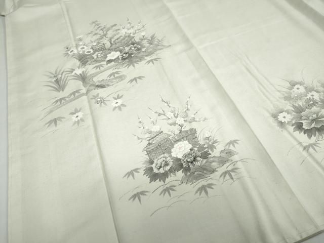 平和屋着物○訪問着 紬地 手描き 流水風景草花文 正絹 逸品 未使用