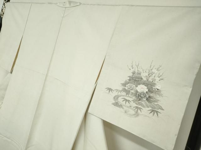 平和屋着物○訪問着 紬地 手描き 流水風景草花文 正絹 逸品 未使用