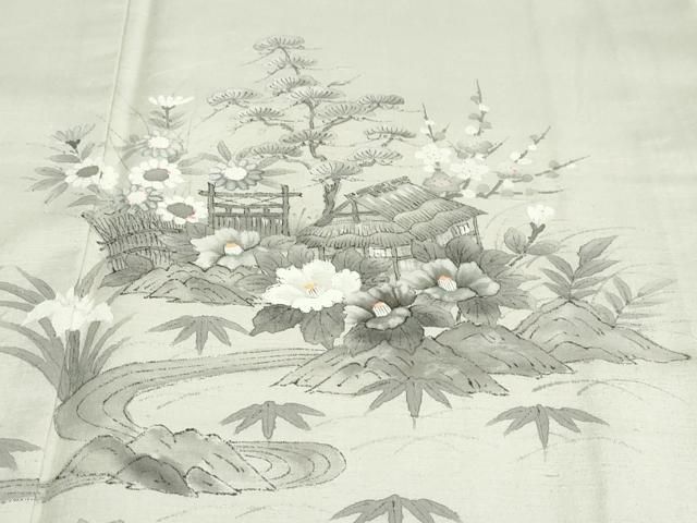 平和屋着物○訪問着 紬地 手描き 流水風景草花文 正絹 逸品 未使用