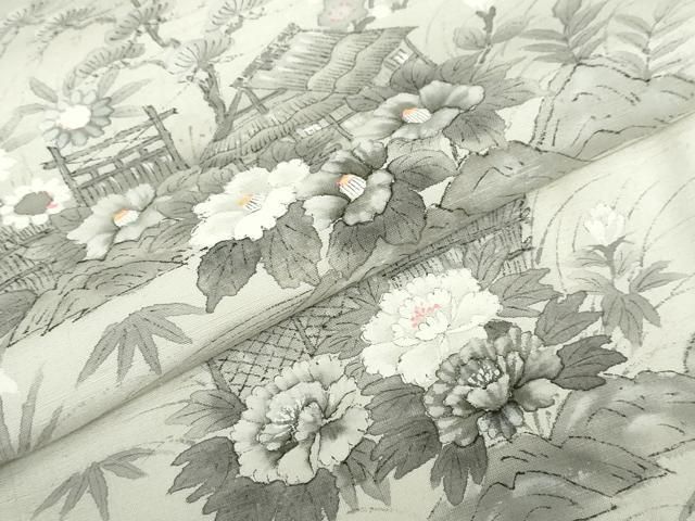 平和屋着物●訪問着　紬地　手描き　流水風景草花文　正絹　逸品　未使用　DABD9125ud 平和屋着物○訪問着 紬地 手描き 流水風景草花文 正絹 逸品 未使用