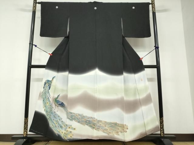 平和屋着物●豪華黒留袖　友禅　作家物　孔雀文　暈し染め　正絹　逸品　DABD9146ud 平和屋着物○豪華黒留袖 友禅 作家物 孔雀文 暈し染め 正絹 逸品