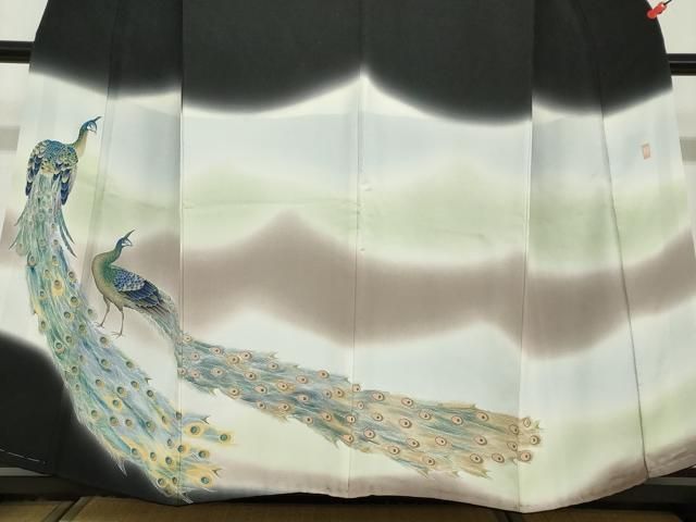 平和屋着物●豪華黒留袖　友禅　作家物　孔雀文　暈し染め　正絹　逸品　DABD9146ud 平和屋着物○豪華黒留袖 友禅 作家物 孔雀文 暈し染め 正絹 逸品