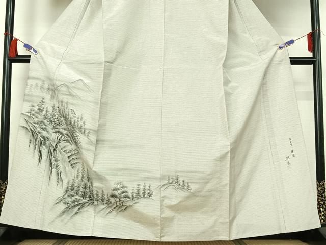 平和屋着物▽訪問着　本場縞大島紬　白大島　単衣　作家物　手描き　風景文　暈し染め　正絹　逸品　AABH5562jh 平和屋着物▽訪問着 本場縞大島紬 白大島 単衣 作家物 手描き 風景文