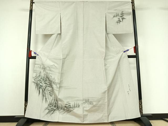 平和屋着物▽訪問着　本場縞大島紬　白大島　単衣　作家物　手描き　風景文　暈し染め　正絹　逸品　AABH5562jh 平和屋着物▽訪問着 本場縞大島紬 白大島 単衣 作家物 手描き 風景文