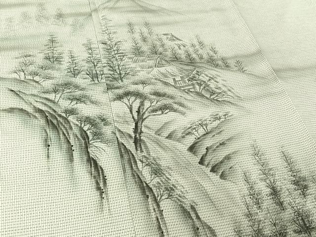 平和屋着物▽訪問着　本場縞大島紬　白大島　単衣　作家物　手描き　風景文　暈し染め　正絹　逸品　AABH5562jh 平和屋着物▽訪問着 本場縞大島紬 白大島 単衣 作家物 手描き 風景文