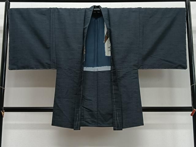 平和屋着物∞男性　長羽織　紬地　鉄御納戸色　正絹　逸品　CABE4869ua