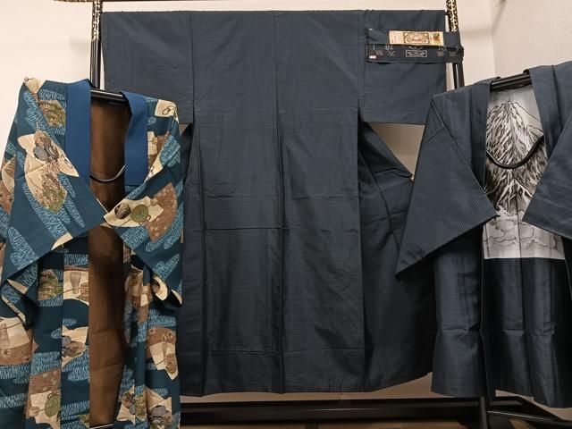 平和屋着物●男性　本場大島紬　アンサンブル　長襦袢(無双仕立て)セット　上村商店　証紙付き　正絹　逸品　AABH4119ph メンズ 平和屋着物○男性 本場大島紬 アンサンブル 長襦袢(無双仕立て