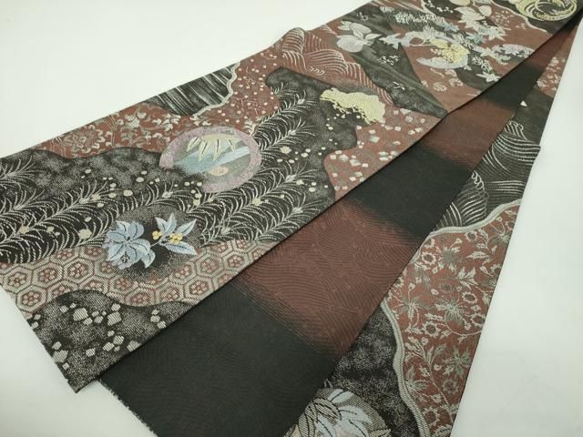 正倉院柄 美しい黒金花模様 袋帯 着物屋こころ□両方向両面