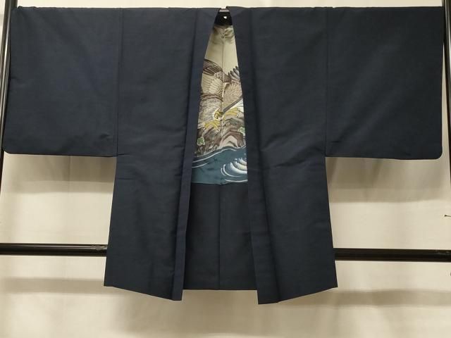 平和屋着物＃男性　羽織　紬地　霞文　青藍色　羽裏：鷹　正絹　逸品　CABE5469in