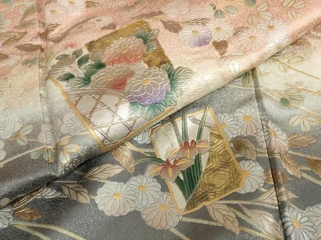 平和屋着物●訪問着　破れ色紙草花文　金銀彩　正絹　逸品　DABD9009ud 平和屋着物○訪問着 色紙草花文 暈し染め 金銀彩 正絹 逸品 DABC2753ud