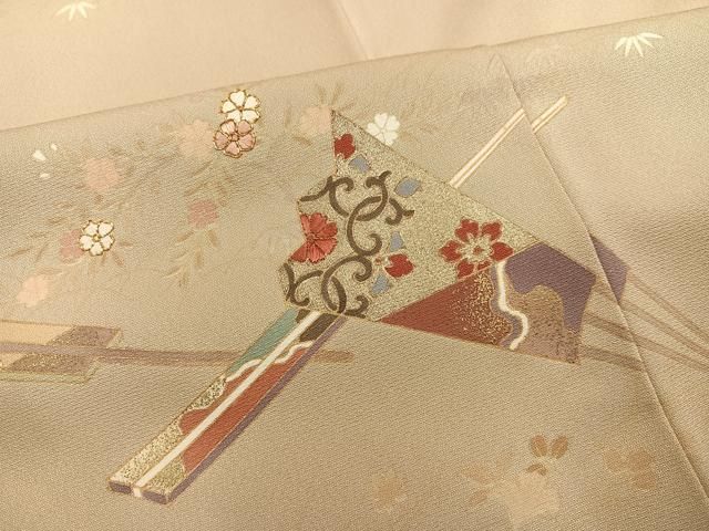 平和屋着物●訪問着　駒刺繍　舞扇花文　金彩　正絹　逸品　AABH3051ph 平和屋着物○訪問着 駒刺繍 舞扇花文 金彩 正絹 逸品 AABH3051ph