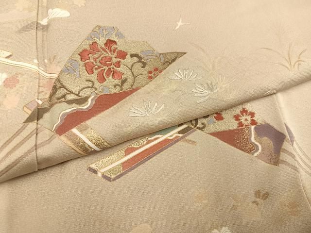 平和屋着物●訪問着　駒刺繍　舞扇花文　金彩　正絹　逸品　AABH3051ph 平和屋着物○訪問着 駒刺繍 舞扇花文 金彩 正絹 逸品 AABH3051ph