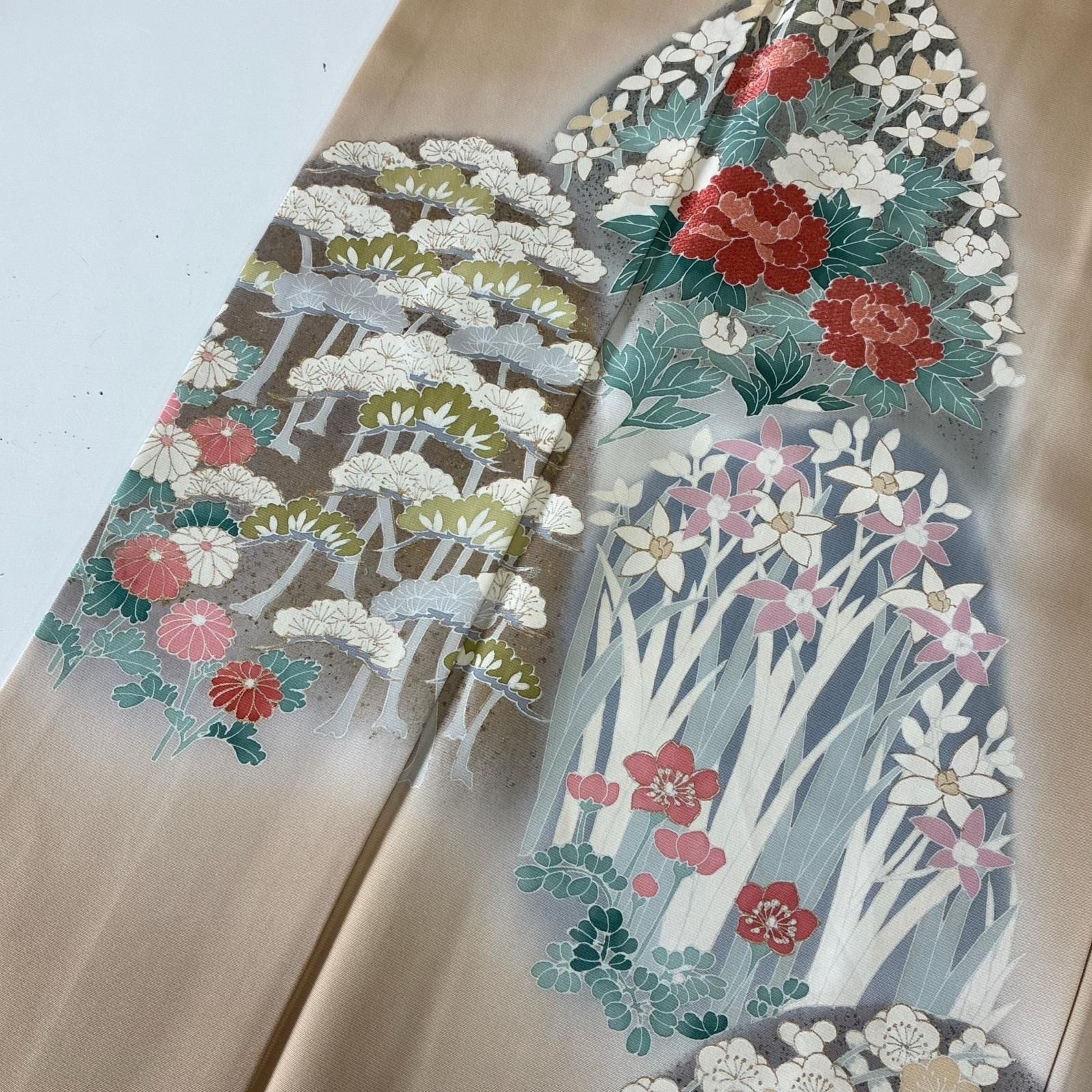 友禅 付け下げ 裄66 正絹 作家物 金彩 美しい染めの花 袷 着物 MK-6427